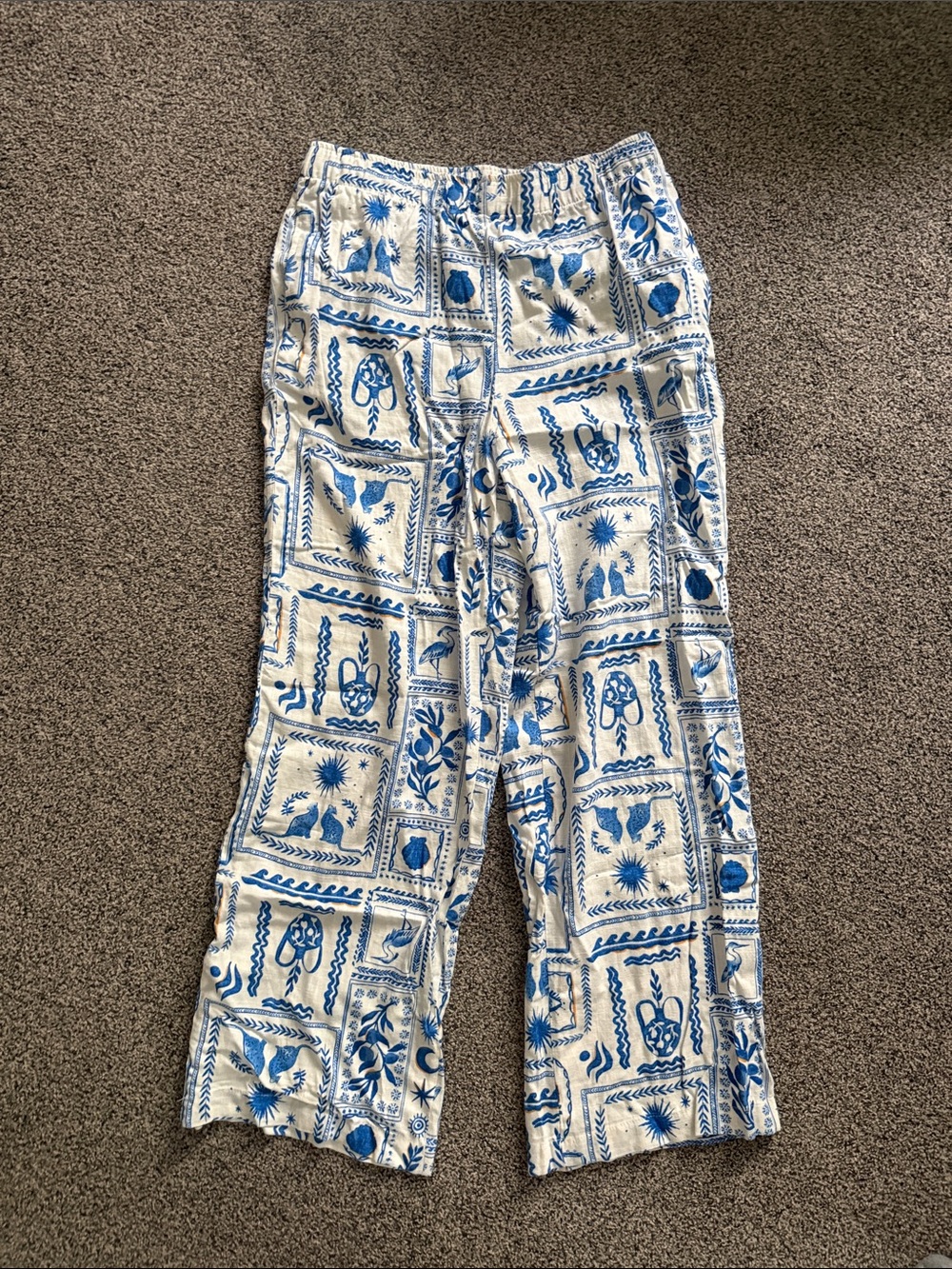 Sincerely Jules Blue and White Tile-Print Wide Leg Pants